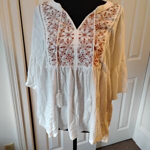 Vintage America White and Brown Embroidered Blouse